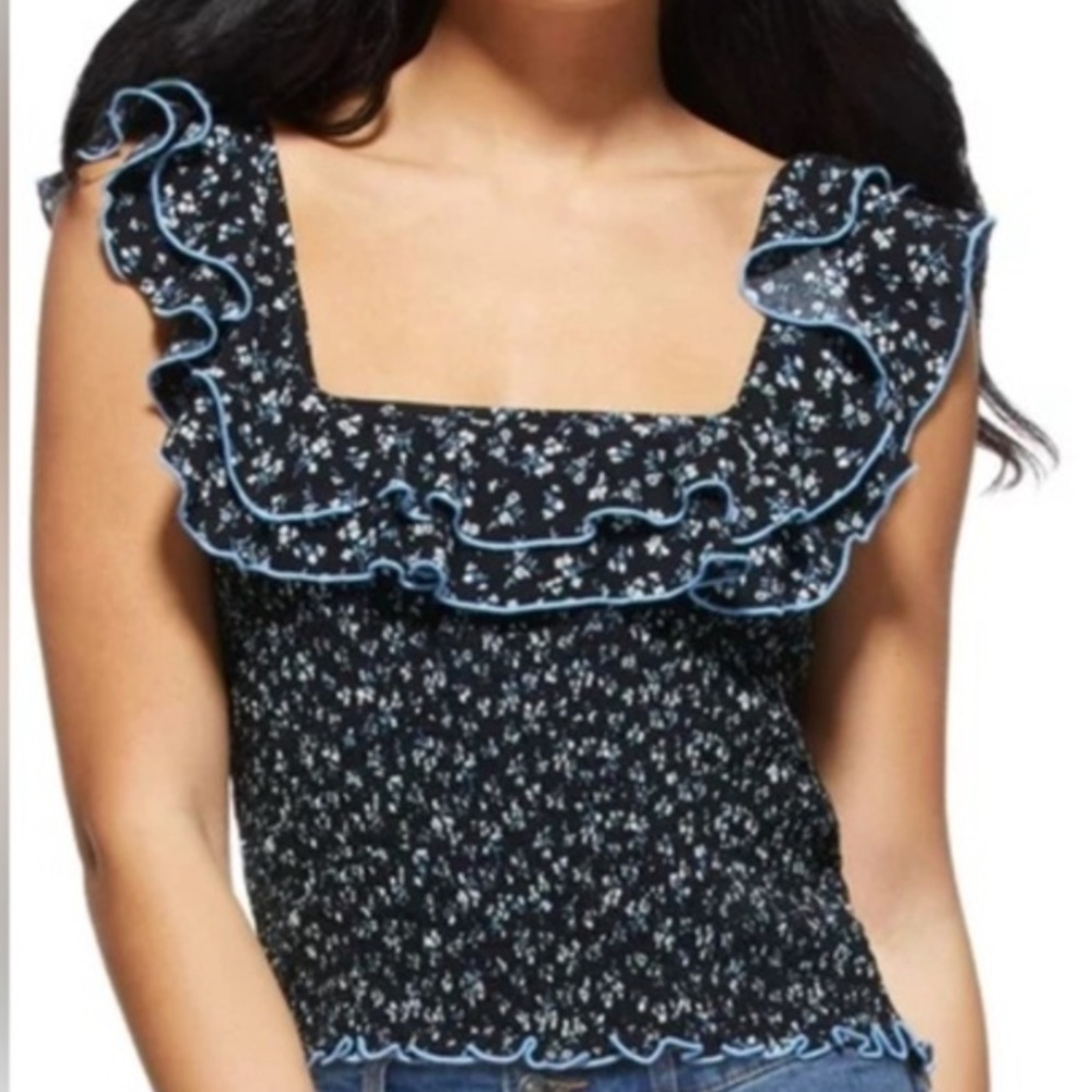 🟤NWT SOFIA VERGARA Smocked Top in Navy/Floral Print